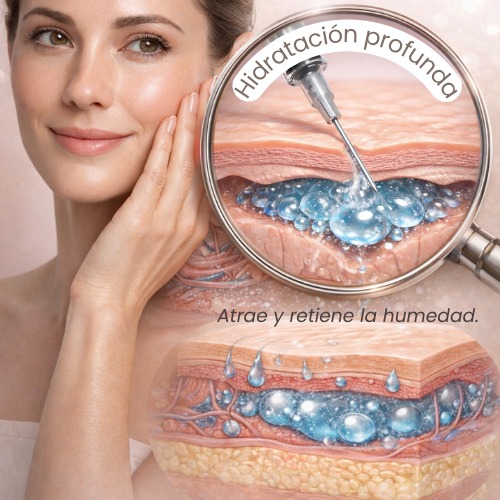 Ilustración médica que explica cómo el ácido hialurónico retiene hidratación en la piel y ayuda a restaurar volumen facial en tratamientos estéticos