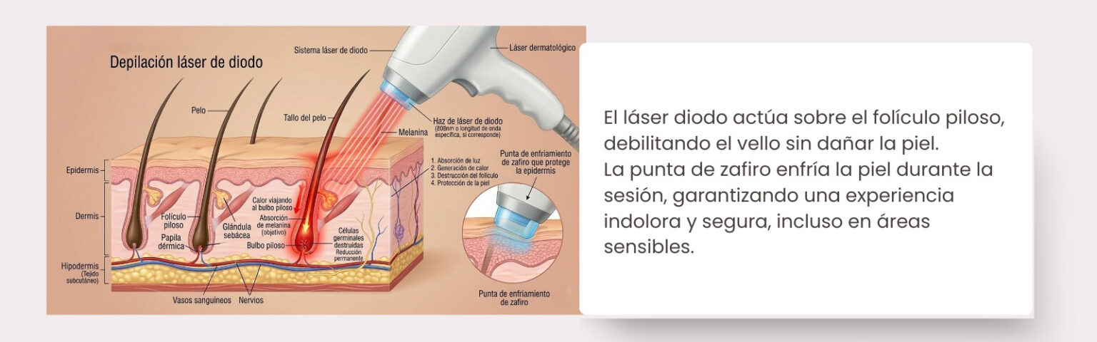 El láser diodo emite una longitud de onda que actúa directamente sobre el folículo piloso, debilitando el vello desde la raíz sin dañar la piel. La punta de zafiro enfría la superficie de la piel durante la sesión, proporcionando una experiencia indolora y segura, incluso en zonas sensibles.