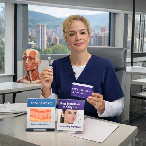 Especialista en medicina estética en Medellín analizando opciones de tratamiento facial como ácido hialurónico y bioestimuladores de colágeno