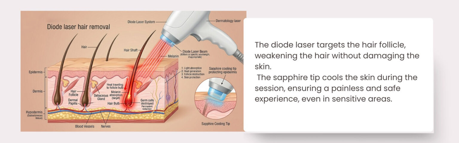 The diode laser emits a specific wavelength that directly targets the hair follicle, weakening hair at the root without damaging the surrounding skin. The sapphire tip continuously cools the skin’s surface during the session, delivering a comfortable and safe experience—even in sensitive areas.