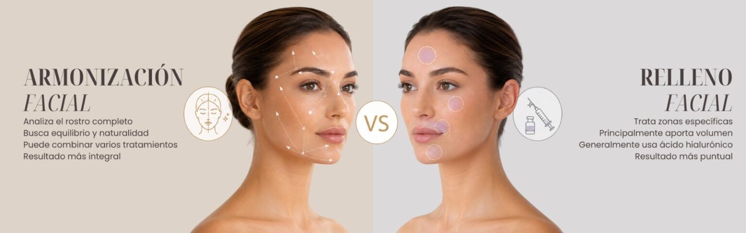 Comparación entre armonización facial y rellenos faciales mostrando diferencias en enfoque y resultados