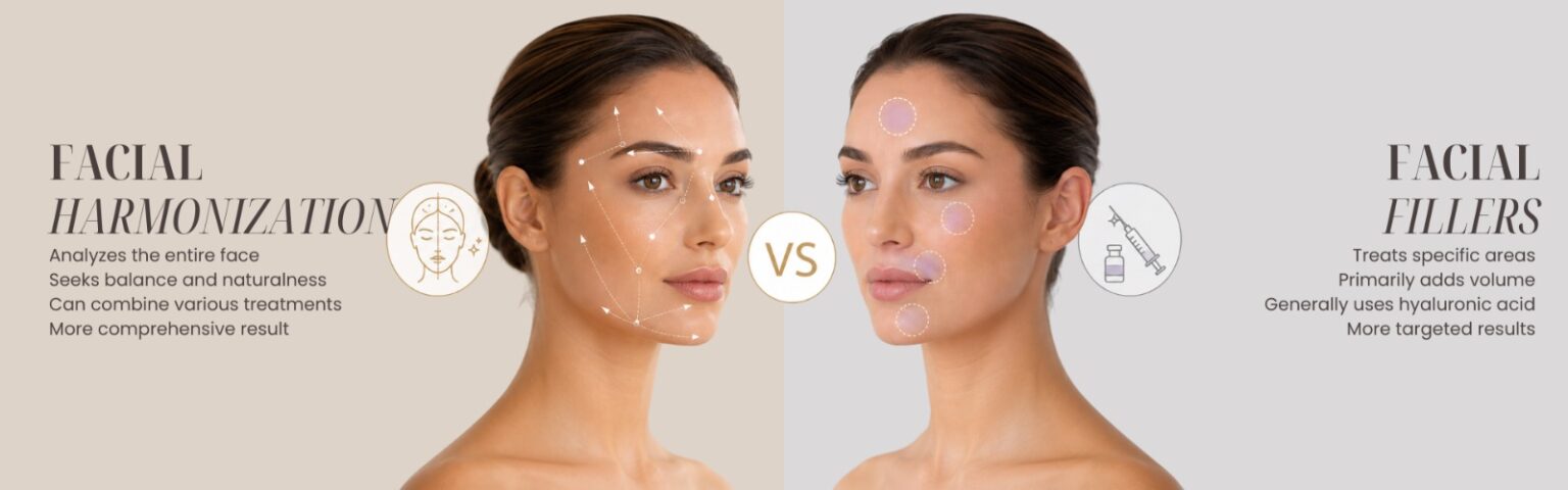Comparison between facial harmonization and dermal fillers highlighting differences in approach and results.