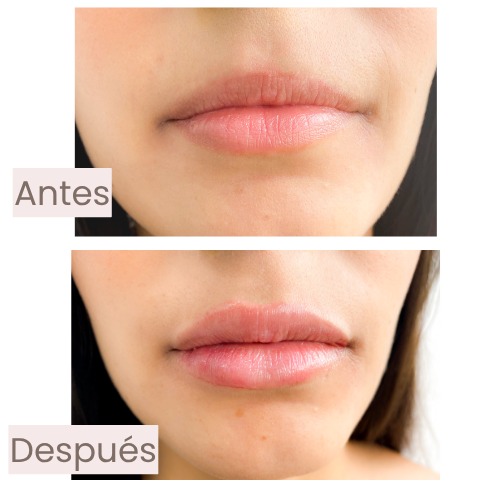 Antes y después de labios tratados con armonización facial